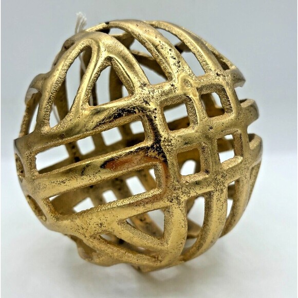Scott Living Metal Decorative Globe Orb Gold Finish 6"Round Geo Cutouts Textured - Picture 3 of 11